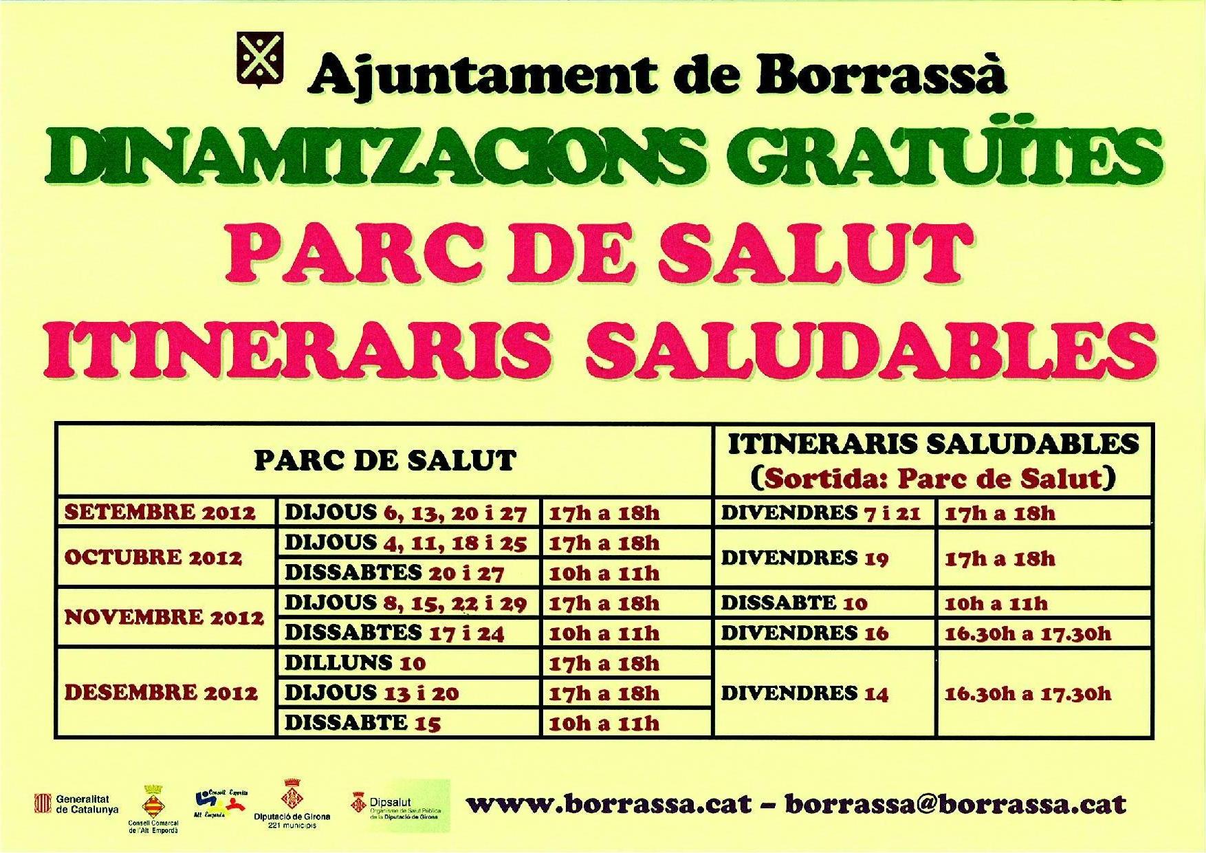 El proper dijous 6 de setembre, al Parc de Salut i a les 5 de la tarda, comença un cicle de 20 dinamitzacions en aquest equipament i de 6 dinamitzacions als Itineraris Saludables. Animeu-vos a participar en aquestes sessions d'exercici en grup.